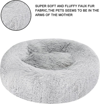 Dog Bed & Cat Bed, Calming Anti-Anxiety Donut Dog Cuddler Bed, Machine Washable round Pet Bed, Comfy Faux Fur Plush Dog Cat Bed for Small Medium Large Dogs and Cats (30" X 30", Light Grey)