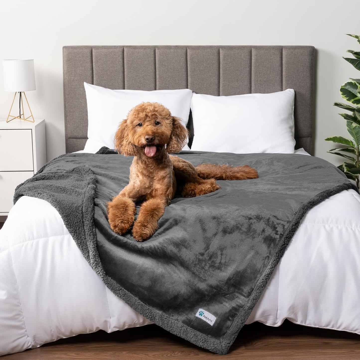 Waterproof Dog Blanket for Couch, Queen 90X90, Pee Proof Sherpa Fleece Reversible Pet Throw, Furniture Protector for Bed Sofa, Soft Washable Cover for Large Dogs Cats, Grey Sherpa