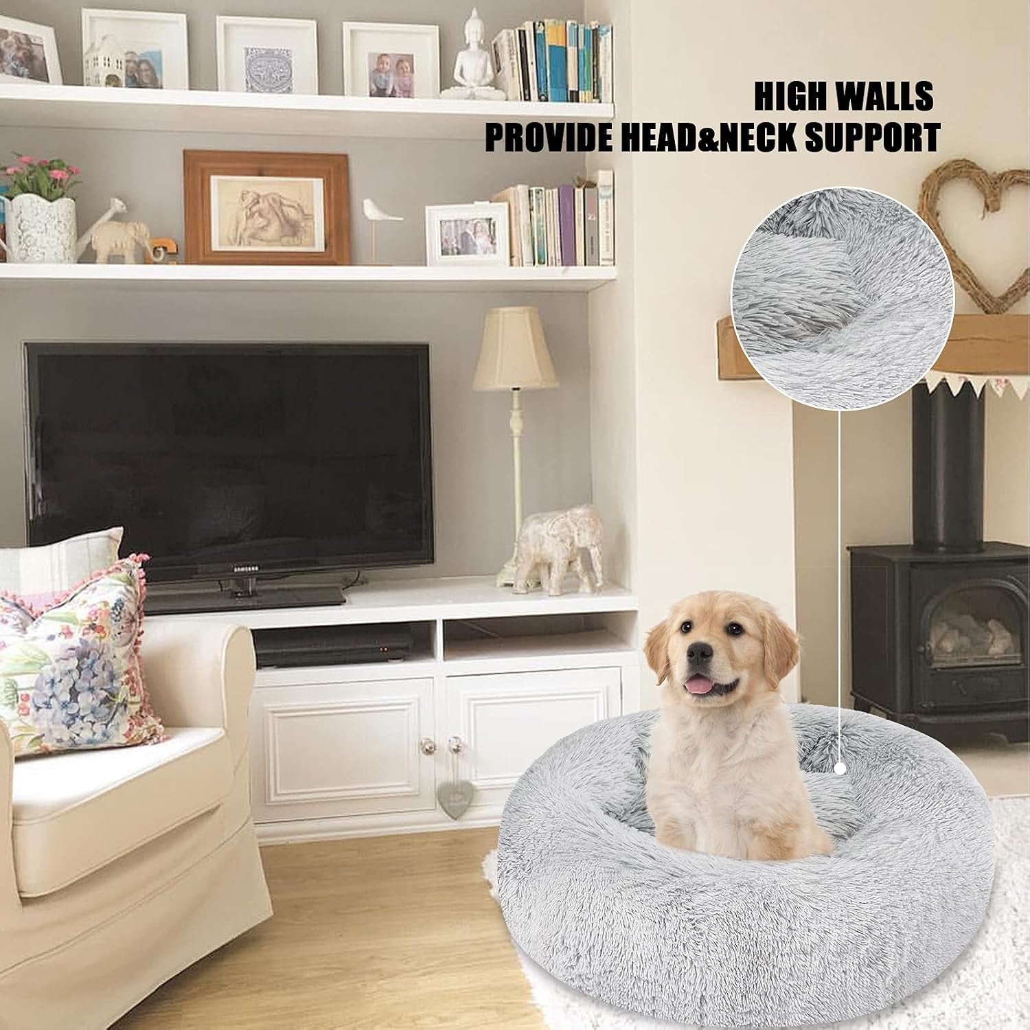 Dog Bed & Cat Bed, Calming Anti-Anxiety Donut Dog Cuddler Bed, Machine Washable round Pet Bed, Comfy Faux Fur Plush Dog Cat Bed for Small Medium Large Dogs and Cats (30" X 30", Light Grey)