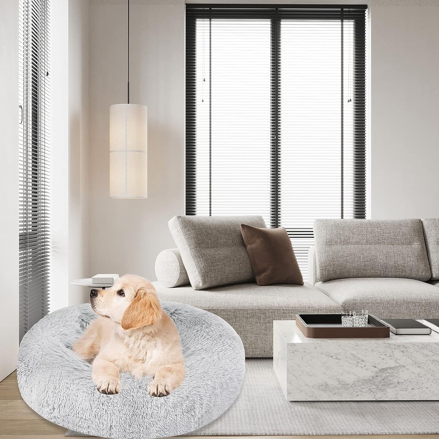 Dog Bed & Cat Bed, Calming Anti-Anxiety Donut Dog Cuddler Bed, Machine Washable round Pet Bed, Comfy Faux Fur Plush Dog Cat Bed for Small Medium Large Dogs and Cats (30" X 30", Light Grey)
