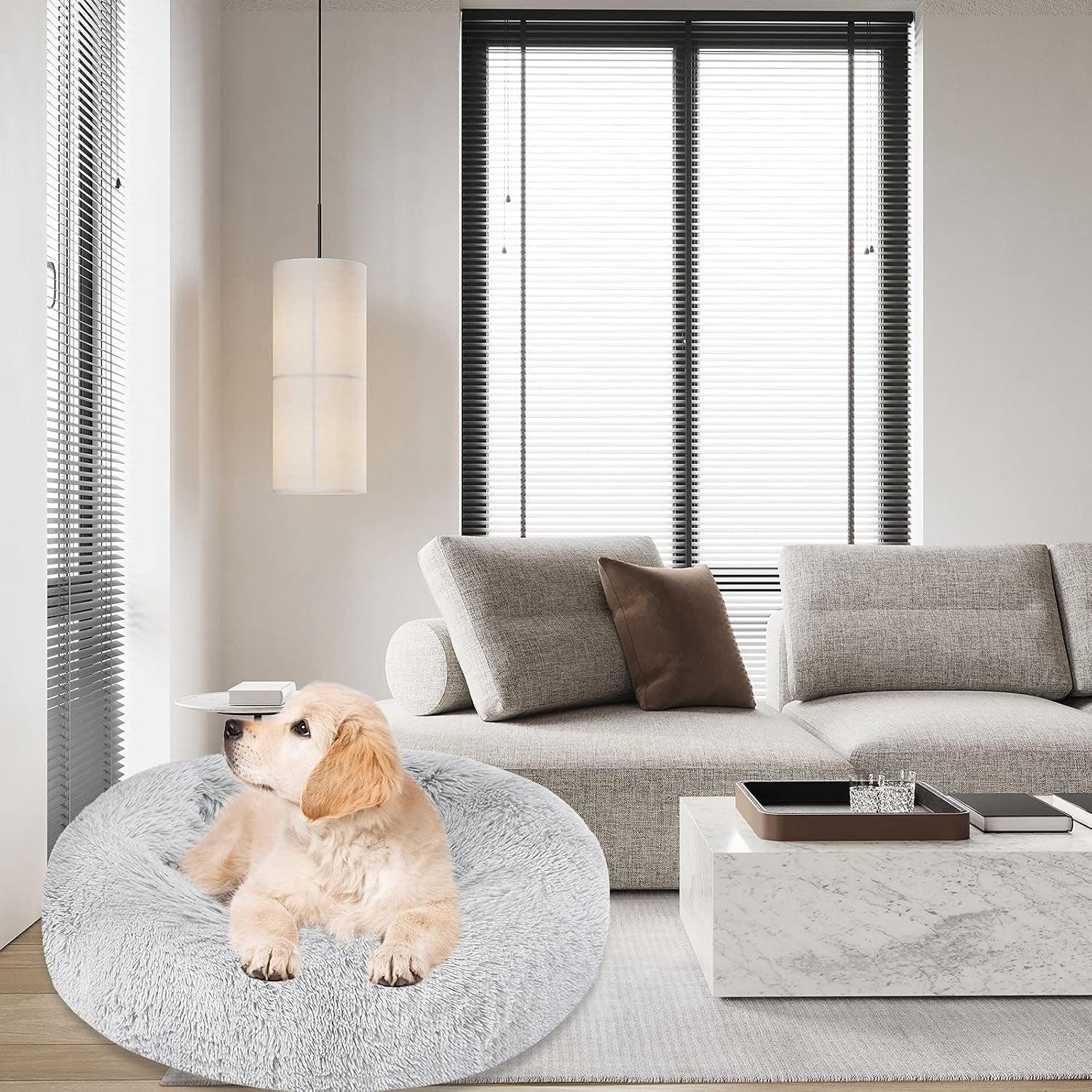 Dog Bed & Cat Bed, Calming Anti-Anxiety Donut Dog Cuddler Bed, Machine Washable round Pet Bed, Comfy Faux Fur Plush Dog Cat Bed for Small Medium Large Dogs and Cats (30" X 30", Light Grey)
